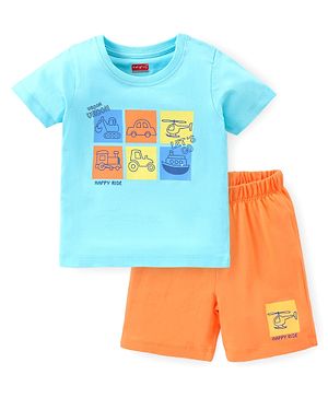 Babyhug Single Jersey Half Sleeves Shorts Night Suit Vehicle Print - Light Blue & Orange
