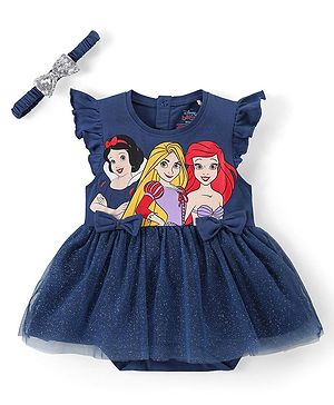 Babyhug Disney Interlock Knit Frill Sleeves Frock Style Onesie with Bow & Head Band Disney Princess Graphics - Navy Blue