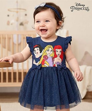 Babyhug Disney Interlock Knit Frill Sleeves Frock Style Onesie with Bow & Head Band Disney Princess Graphics - Navy Blue