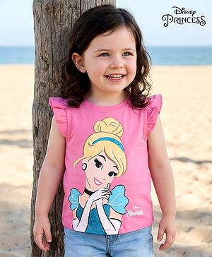 Babyhug Disney Cotton Frill Sleeves Top With Disney Princess Graphics - Pink