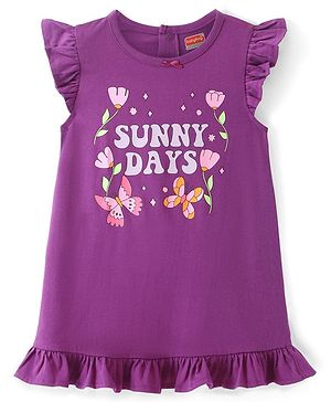 Babyhug Cotton Knit Flutter Sleeves Nighty With Floral Print - Purple