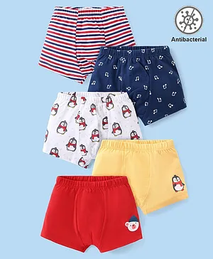 Babyhug 100% Cotton Knit
                              Antibacterial Trunks with Striped &
                              Penguin Print Pack of 5 - Red White &
                              Blue
