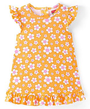 Babyhug Cotton Knit Single Jersey Frill Sleeves Nighty With Floral Print - Orange