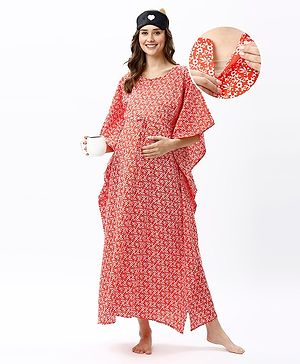 Bella Mama 100% Cotton Woven Maternity Kaftan Nursing Nighty Floral Print - Red