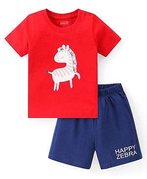 Babyhug Single Jersey Half Sleeves Shorts Night Suit Zebra Print - Red & Navy Blue