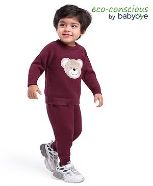 Babyoye 100% Cotton Knit Full Raglan Sleeves Solid Colour Sweater Set Bear Patch detailing - Violet