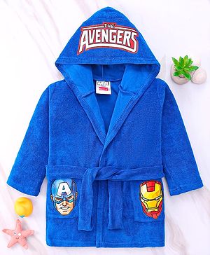 Babyhug Marvel Terry Knit Full Sleeves Hooded Bath Robe With  Pockets & Avengers Graphics - Blue