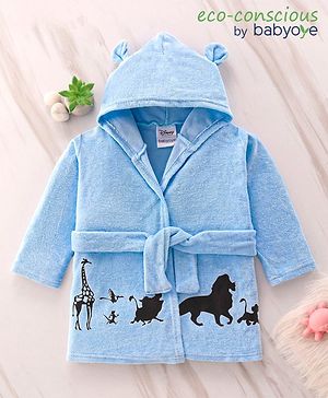 Babyoye Disney Terry Knit Full Sleeves Hooded Bath Robe With Pockets Stuffed Ear and Lion King Graphics - Blue