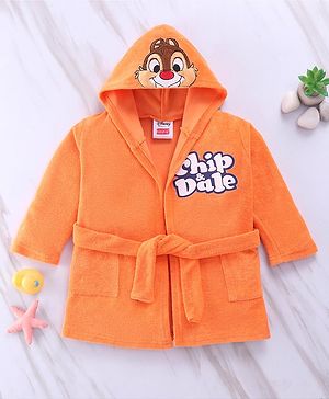 Babyhug Disney Terry Knit Hooded Full Sleeves Bath Robe With Pockets and Chip N Dale Graphics - Orange