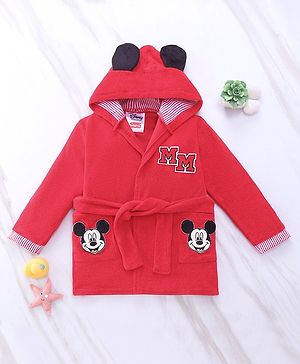 Babyhug Disney Terry Knit Hooded Bath Robe With Pockets Stuffed Ear & Mickey Mouse Graphics - Red