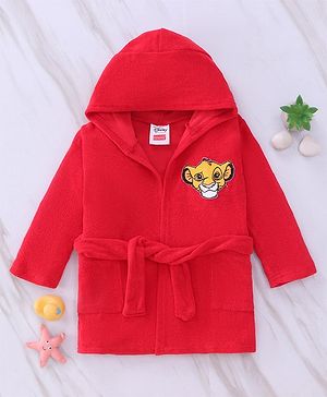 Babyhug Disney  Terry Knit Hooded Full Sleeves Bath Robe With Pockets and Front & Back Lion King Graphics - Red