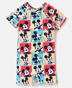 Babyhug Disney Raglan Sleeves Legged Swimsuit With Mickey Mouse Graphics - Multicolour