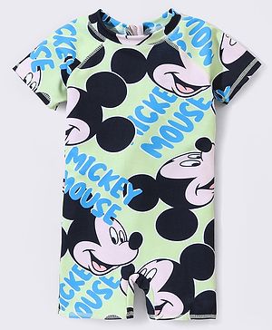 Babyhug Disney Raglan Sleeves Legged Swimsuit With Mickey Mouse Graphics - Green