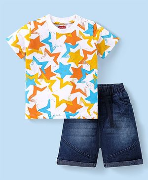 Babyhug Single Jersey Knit Half Sleeve Stars Printed T-Shirt and Denim Shorts Set - Multicolor