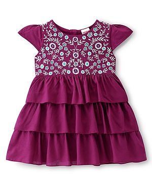 Babyhug Rayon Woven Cap Sleeves Layered Frock with Floral Embroidery - Wine