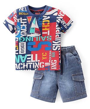 Babyhug Cotton Knit Half Sleeves T-Shirt & Denim Shorts Set With Sailing Print - Blue