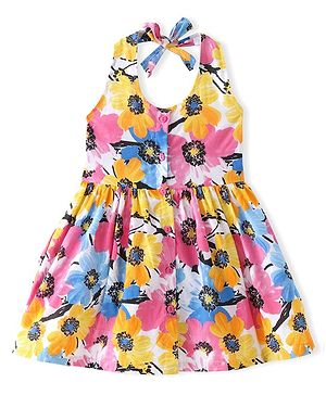 Babyhug Cambric Woven Sleeveless Halter Neck Frock With Floral Print - Multicolor