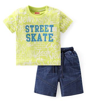Babyhug Cotton Knit Half Sleeves T-Shirt & Denim Shorts Set With Street Skate Print - Green & Blue