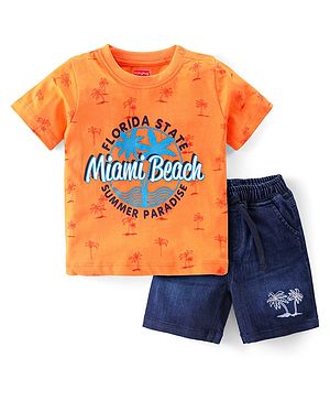 Babyhug Single Jersey Knit Half Sleeves T-Shirt & Denim Short Set with Palm Tree Print - Orange & Blue