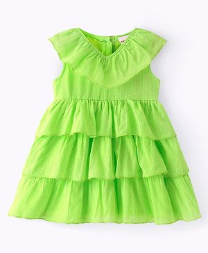 Babyhug Cotton Sleeveless Layered Textured Frock with Frill Detailing - Lime Green