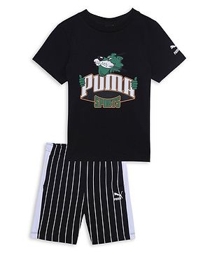 PUMA Cotton Half Sleeves Brand Name Printed & Striped Tee & Shorts Set - Black