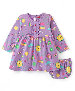 Babyhug Cotton Jersey Knit Full Sleeves Sunshine & Floral Printed Frock with Bloomer - Lavender