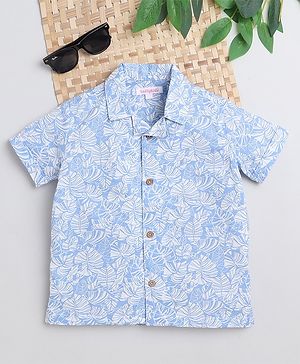 Taffykids Half Sleeves Leaves Printed Shirt - White & Blue