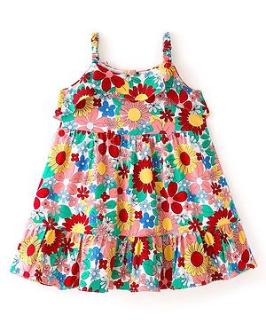 Babyhug 100% Cotton Knit Sleeveless Frock With Floral Print & Frill Detailing- Multicolor