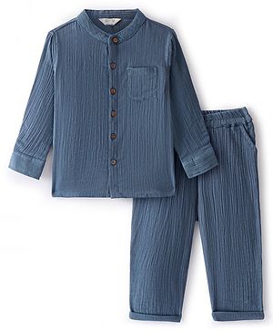 Bonfino 100% Cotton Double Gauze Woven Full Sleeves Solid Shirt & Pants Set - Light Grey