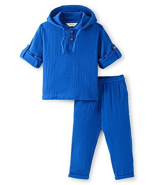 Bonfino 100% Cotton Double Gauze Woven Full Sleeves T-Shirt & Pant Set with Hood -Blue