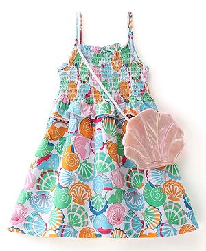 Babyhug Cotton Jersey Knit Singlet Sleeves Frock Shell Print With Sling Bag - White