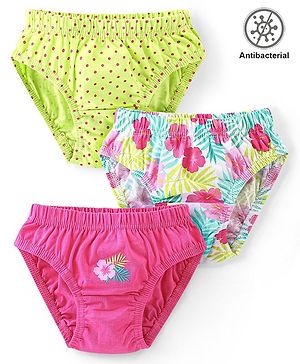 Babyhug 100% Cotton Antibacterial Panties Polka Dot & Floral Print Pack Of 3 - Green Blue & Pink
