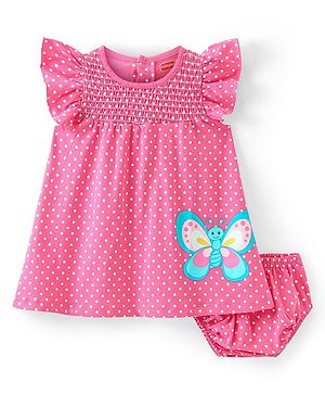 Babyhug Cotton Jersey Knit Frill Sleeves  Frock with Bloomer Polka Dots & Butterfly Print   - Pink