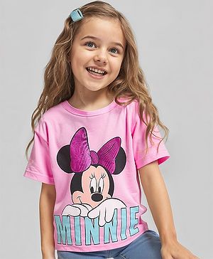 Babyhug Disney Cotton Knit Half Drop Shoulder Sleeves T-Shirt with Minnie Mouse Graphics - Pink
