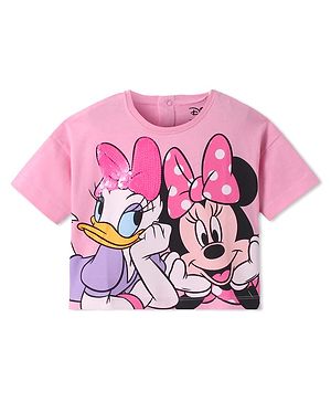 Babyhug Disney Cotton Knit Half Drop Shoulder Sleeves T-Shirt with Minnie Mouse Graphics & Sequin Detailing - Pink
