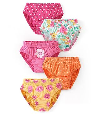 Babyhug 100% Cotton Antibacterial Panties with Floral & Polka Dots Print Pack Of 5 - Multicolour