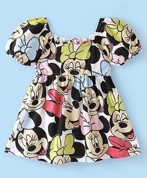 Babyhug Disney Interlock Puffed Sleeves Frock With Disney Minnie Mouse Print - White