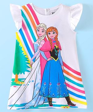 Babyhug Disney Cotton Knit Frill Sleeves Nighty with Disney Frozen Print - White