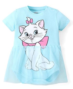 Babyhug Disney Interlock Knit Half Sleeves Frock Style Onesie with Aristocat Marie Graphics - Blue