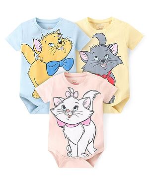 Babyhug Disney Interlock Cotton Knit Half Sleeves Onesies with Aristocat Marie Graphics Pack Of 3 - Multicolour