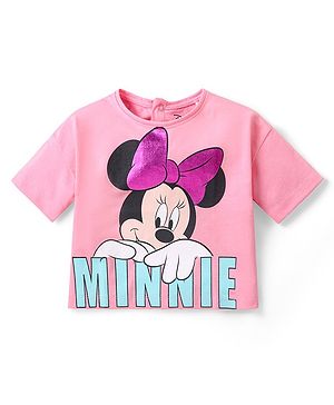 Babyhug Disney Cotton Knit Half Sleeves Top with Minnie Mouse Graphics - Pink