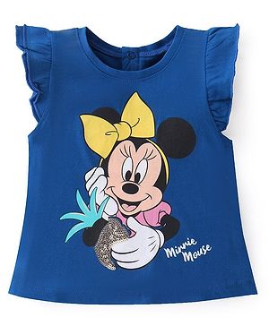 Babyhug Disney Cotton Knit Frill Sleeves Top With Minnie Mouse Print & Sequin Detailing - Blue
