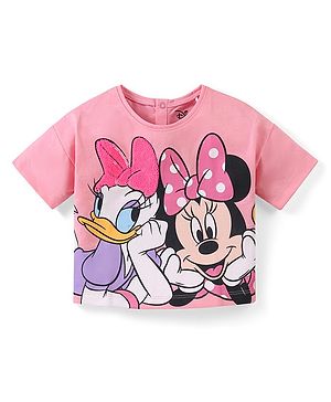 Babyhug Disney Cotton Knit Half Sleeves Oversize T-Shirt with Minnie Mouse Graphics and Sequins Detailing- Pink