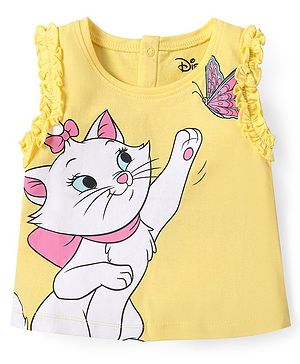 Babyhug Disney Cotton Knit Sleeveless Top with Frill Detailing & Aristocat Marie Graphics - Yellow