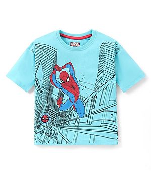 Babyhug Marvel Cotton Knit Half Drop Shoulder Sleeves T-Shirt with Spider-man Print - Blue