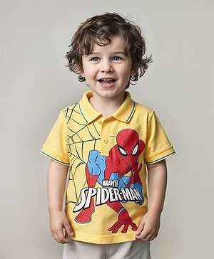 Babyhug Marvel Cotton Knit Half Sleeves Regular Collar T-Shirt with Spiderman Graphics - Yellow