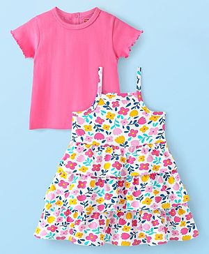 Babyhug Cotton Knit Frock with Half Sleeves T-Shirt Floral Print - Pink & White