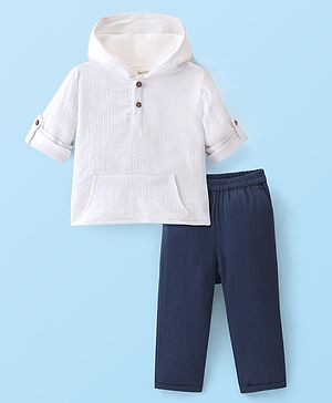 Bonfino 100% Cotton Double Gauze Woven Full Sleeves Solid Hoodie & Lounge Pants Set - White & Navy