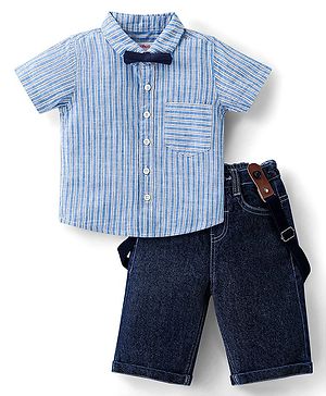 Babyhug Cotton Woven Half Sleeves Striped Shirt & Pant Set - Blue