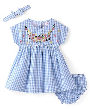 Babyhug Cotton Woven Half Sleeves Checks Frock with Bloomer & Headband Floral Embroidery - Blue